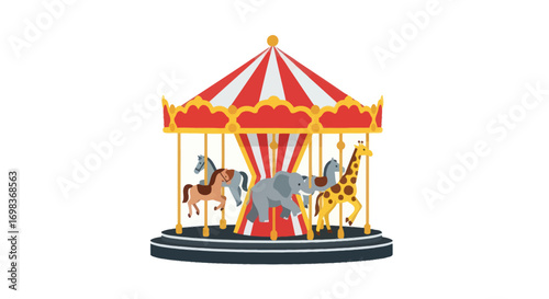 Colorful Carousel with Animal Figures and Red Canopy.