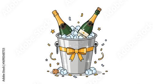Two Champagne Bottles Chilling in Ice Bucket with Bow.