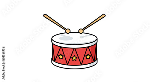Cartoon Drum with Drumsticks Red Body and Star Decorations.