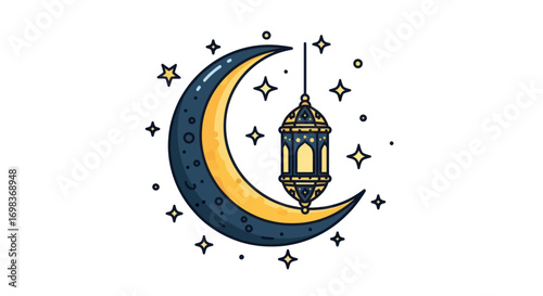 Stylized Crescent Moon with Hanging Lantern and Stars Illustration.