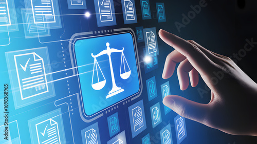 Digital Justice: A hand interacts with a virtual interface depicting justice, law, and order in a modern, digitally-driven setting. Reflecting the fusion of technology and legal principles.