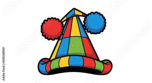 Colorful Striped Clown Hat with Pom-Poms.