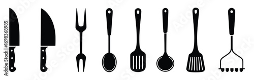 Black Silhouette Kitchen Utensils Knives, Fork, Spatulas, Spoon, Masher
