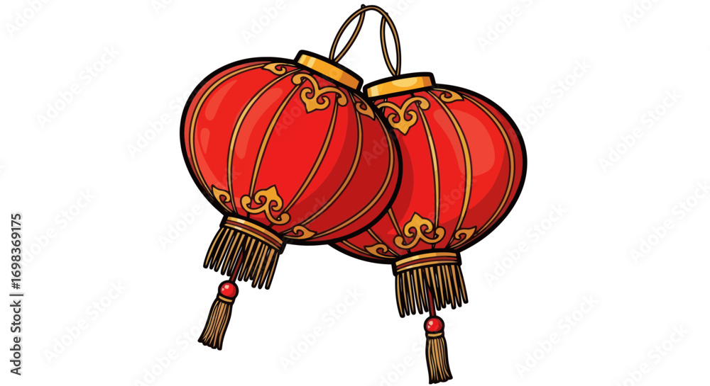 Obraz premium Two Traditional Chinese Paper Lanterns Red and Gold Decorated.