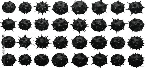 Multiple spiky black spheres arranged in a grid pattern.
