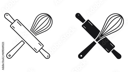 Vector art of rolling pin and whisk vector icon set kitchen utensil symbol cooking equipment sign bakery tool concept