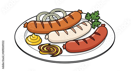 Grilled Sausages and Mustard on a Plate.