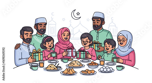 Muslim Family Celebrating Iftar Dinner with Gifts.