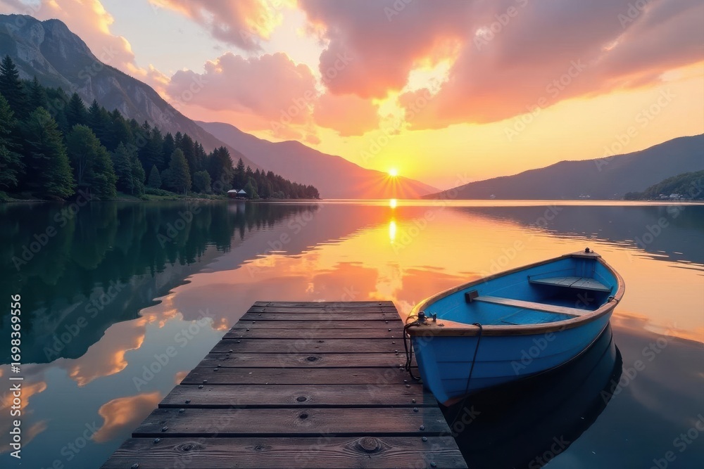 Obraz premium Serene blue boat on wooden dock, tranquil lake sunset , image, dusk