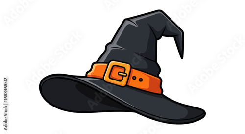 Classic Black Cartoon Witch Hat with Orange Buckle.
