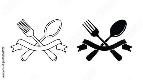 Vector art of fork and spoon crossed with ribbon, restaurant or cafe logo design, cutlery, food service, vector illustration