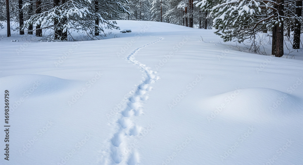 Obraz premium A pristine winter landscape featuring a winding trail of animal footprints through deep, untouched snow. The backdrop of snow-laden pine trees creates a serene and quiet forest setting under a soft