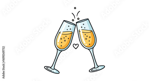 Cartoon champagne flutes toasting with bubbles and a heart illustration.