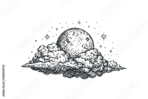Ink Drawn Moon Peeking Over Clouds with Stars on Transparent