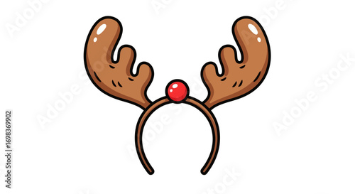 Cartoon Reindeer Antler Headband with Red Nose Detail.