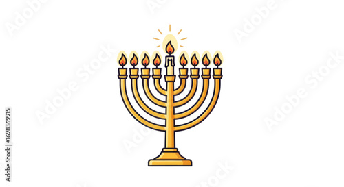 Golden Hanukkah Menorah with Lit Candles.