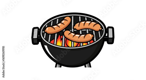 Cartoon Barbecue Grill with Three Sausages Cooking Over Flames.