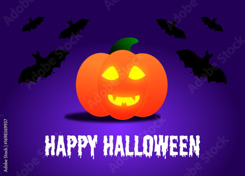 Halloween card with smiling pumpkin and bat silhouettes on violet background