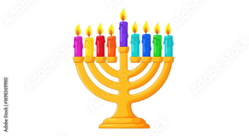 Gold Hanukkah Menorah with Colorful Candles.