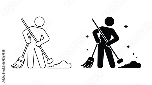 Vector art of stick figure sweeping the floor with a broom, cleaning up dust, vector illustration of a cleaning person