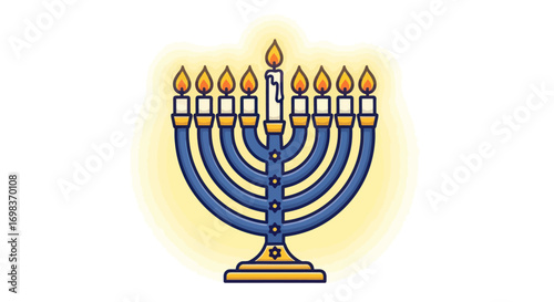 Illuminated Menorah with Nine Burning Candles for Hanukkah Celebration.