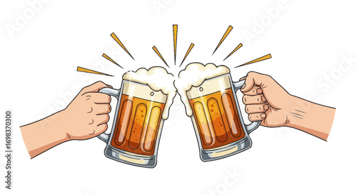 Two Hands Toasting with Frothy Beer Steins.