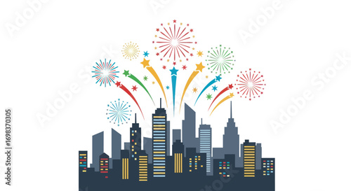 Vibrant City Skyline with Colorful Fireworks Celebration Illustration.