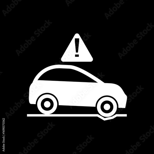 Pothole warning icon with a car isolated on black background