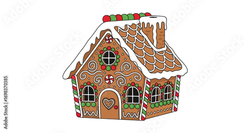 Festive Decorated Gingerbread House with Candy Details.