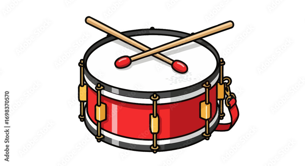 Obraz premium Red snare drum with wooden drumsticks.