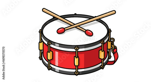 Red snare drum with wooden drumsticks.