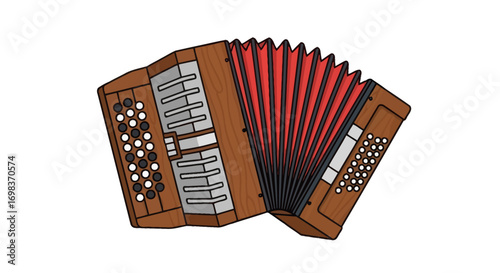 Open Accordion with Red Bellows Musical Instrument.