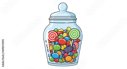 Glass Jar Filled with Colorful Assorted Candies and Lollipops.