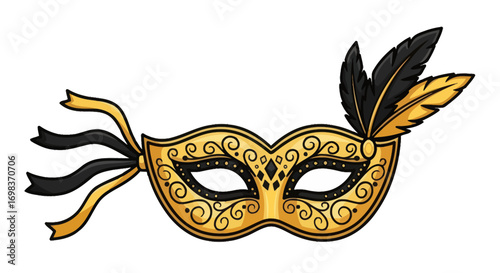 Elegant Golden Masquerade Mask with Feathers and Ribbons.