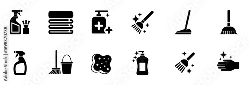 Cleaning Supplies and Tools Icons Spray Bottles, Mops, Brooms, and More