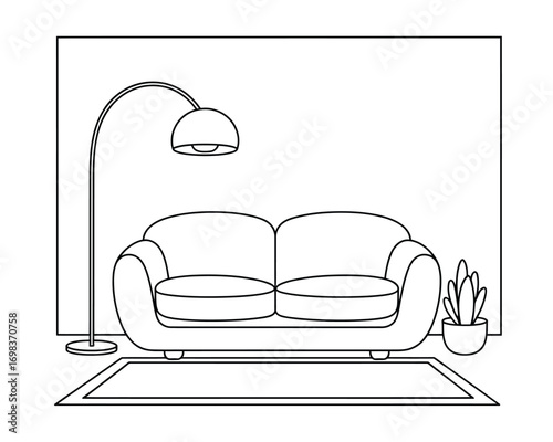Scalable vector illustration of a modern living room scene with sofa lamp and plant silhouette vector illustration white background