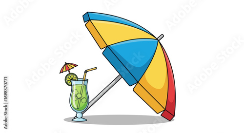 Colorful Beach Umbrella and Refreshing Tropical Cocktail.