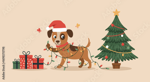 Dog wearing Santa hat tangled in Christmas lights with tree and gifts,  for festive marketing and pet-related products 