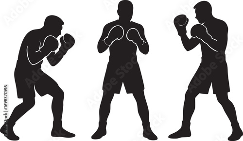 Boxer Silhouette Vector Set in Black with Varied Fighting Stances for Sports, Training, and Combat Fitness Themes