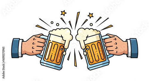 Two Hands Clinking Beer Mugs with Frothy Beer and Celebration Sparks.