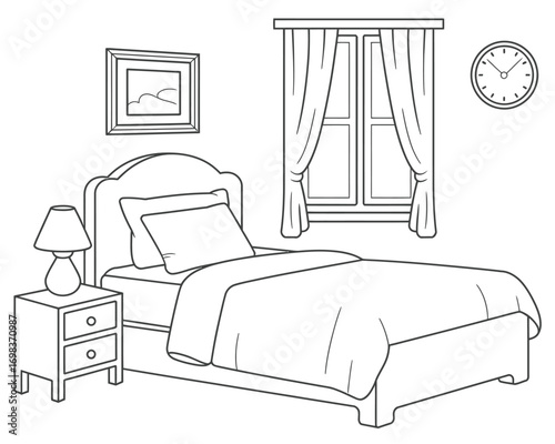 Black and white line drawing illustration of a cozy bedroom scene with bed window and nightstand silhouette vector illustration white background