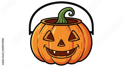 Cartoon Halloween Pumpkin Candy Bucket with Smiling Jack-o-lantern Face and Handle.
