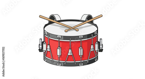 Red snare drum with crossed drumsticks.