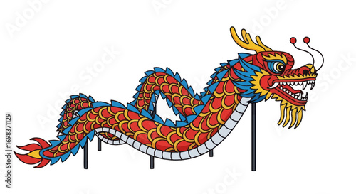 Colorful Chinese Dragon Parade Float with Detailed Scales and Fiery Mane.