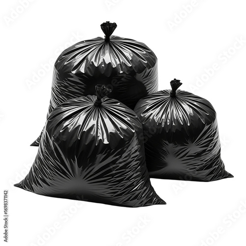 Black Garbage Bags Still Life Photography Three Shiny Plastic Waste Containers Trash Disposal on transparent background