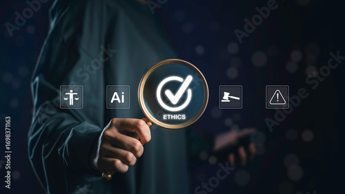 AI ethics compliance principle with magnifying glass highlighting responsibility, law, safety, and trust, representing ethical artificial intelligence guidelines for business and innovation.
