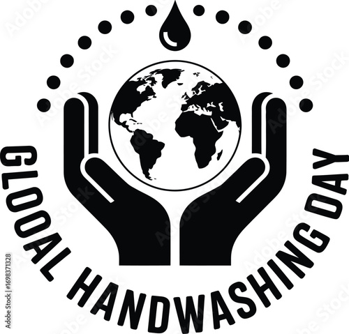 Hands cradle the Earth under a water drop, celebrating global hygiene awareness.