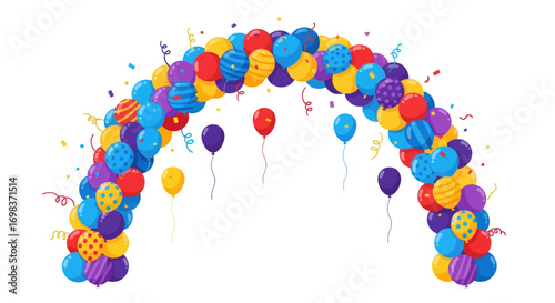 Vibrant Balloon Archway with Confetti and Floating Balloons for Celebrations.