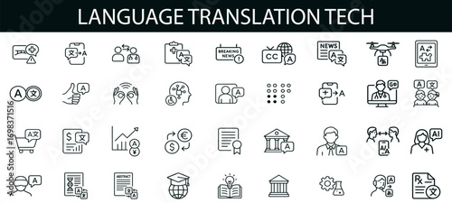 Language Translation Tech Icon Set for AI Communication, Voice Recognition, and Multilingual UI Design