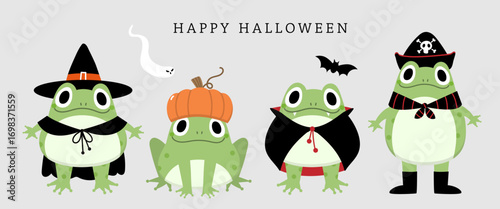 Happy Halloween greeting card with cute little frog wear fancy, witch, pumpkin, pirate and ghost costume. Spooky holidays cartoon character. -Vector